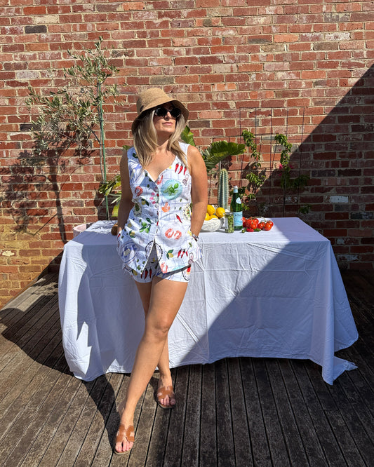 Aperitivo print cotton shorts by By Bel with relaxed fit and mid to high waist for European summer styling