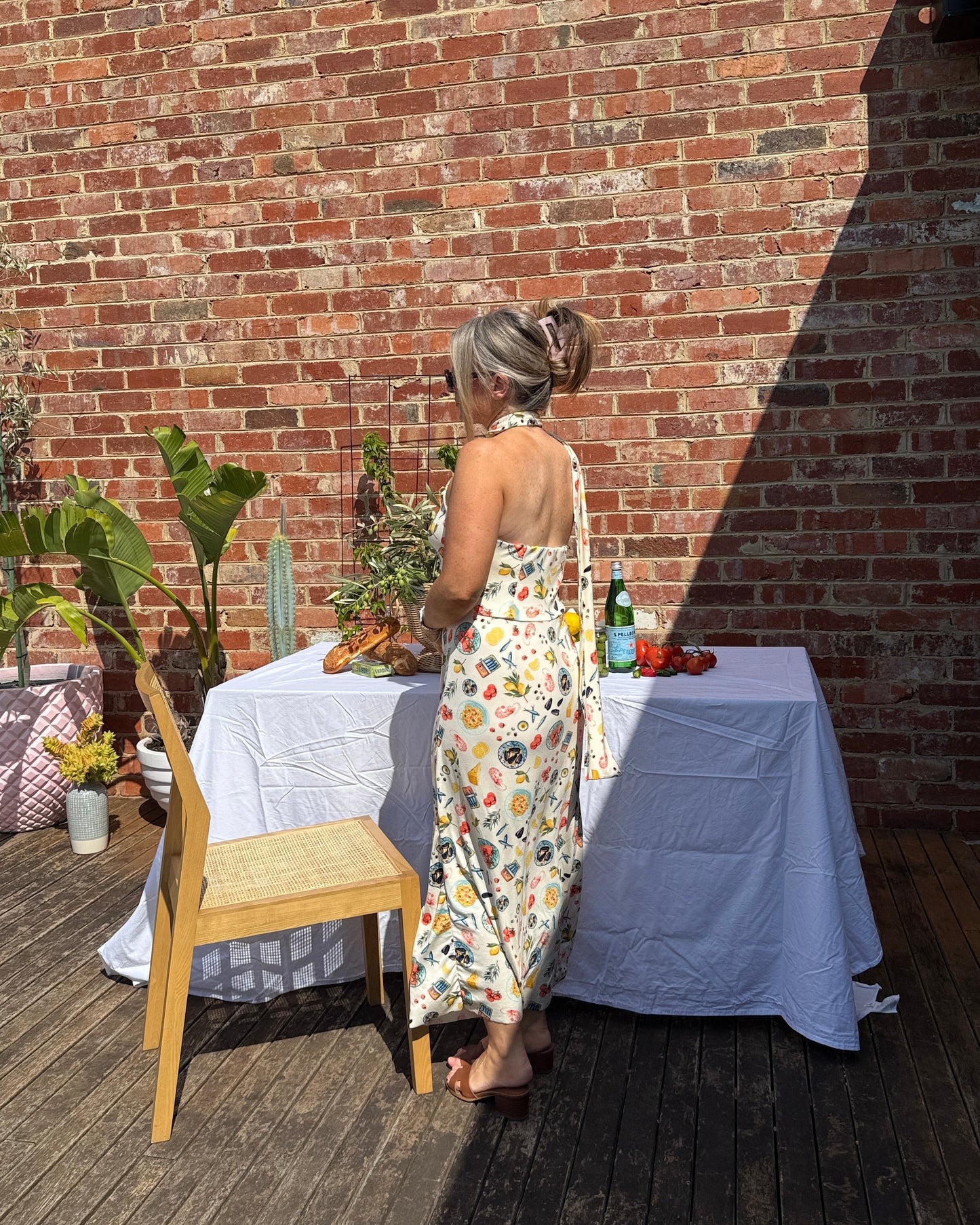 Mediterranean seafood print maxi dress with one shoulder design and flowing silhouette by By Bel