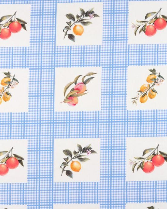 Pattern of lemon and citrus fruits on a blue gingham background