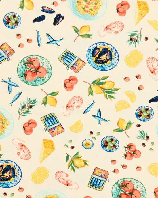 Fabric with a pattern of food items and utensils on a beige background