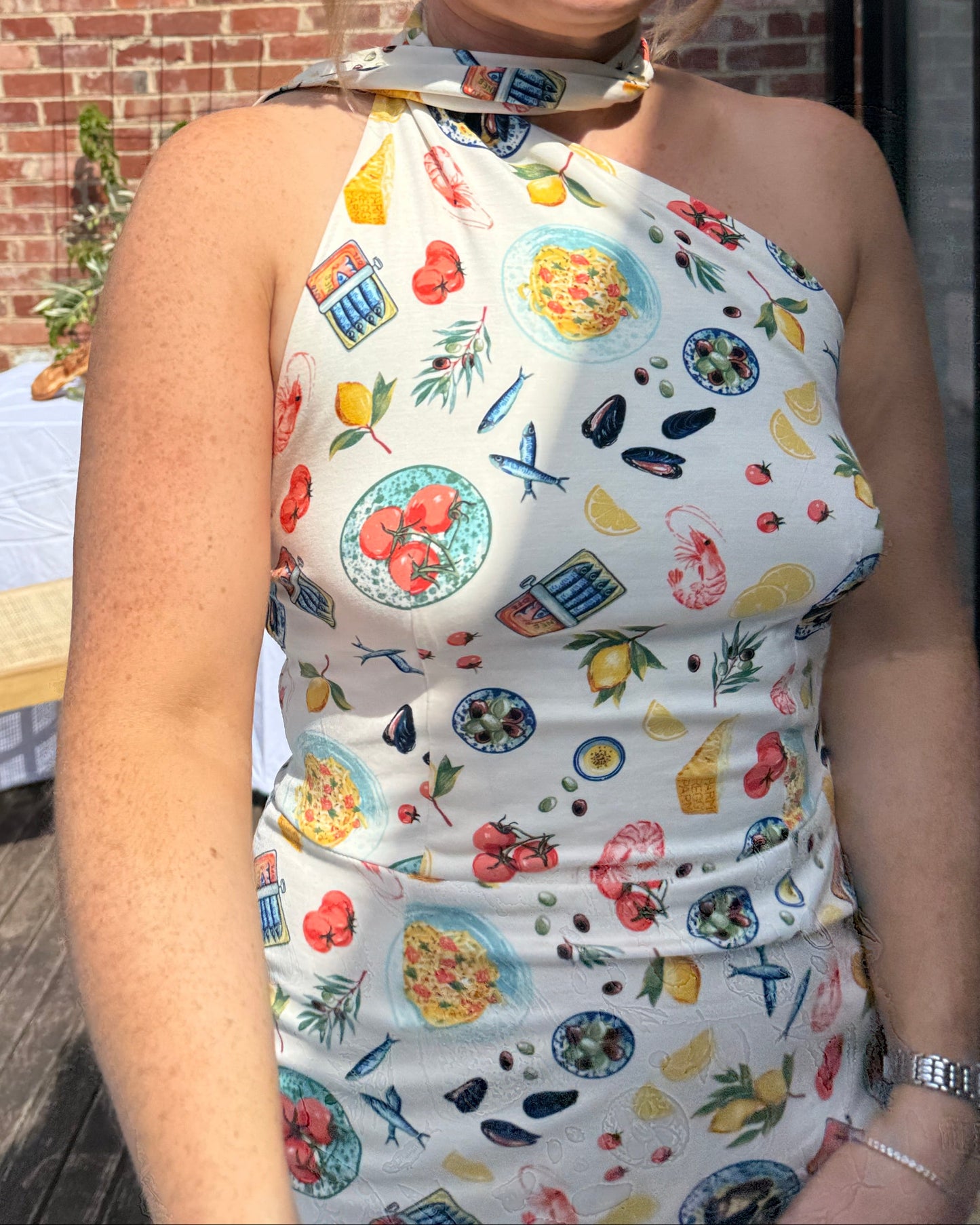 One Shoulder wrap dress in a Summer Mediterranean print