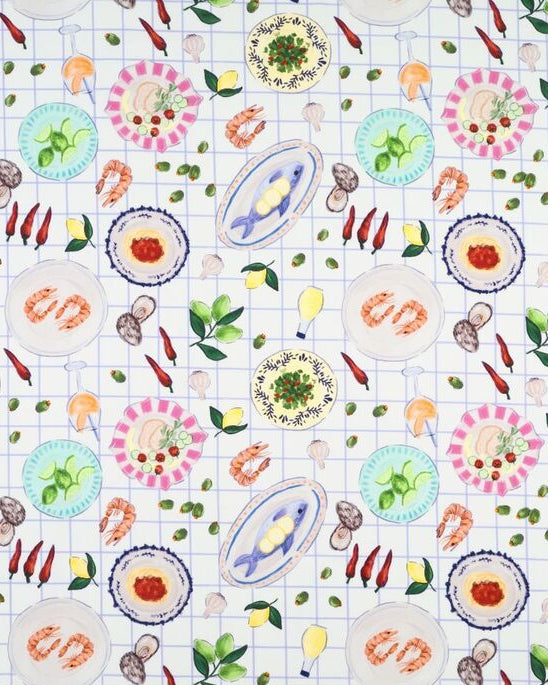 Patterned fabric with food illustrations on a grid background