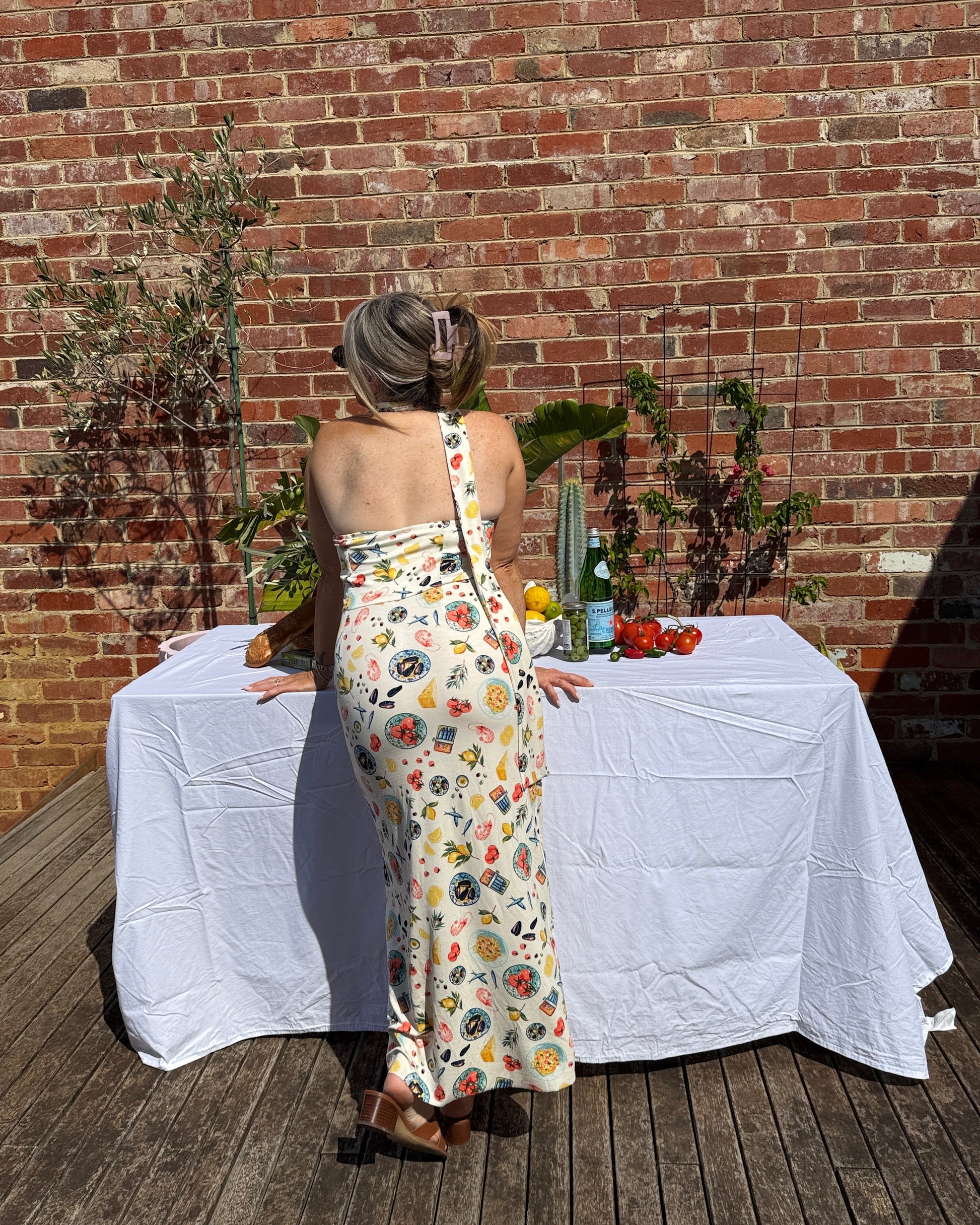 European summer outfit featuring Sarinda one shoulder maxi dress with long tie detail