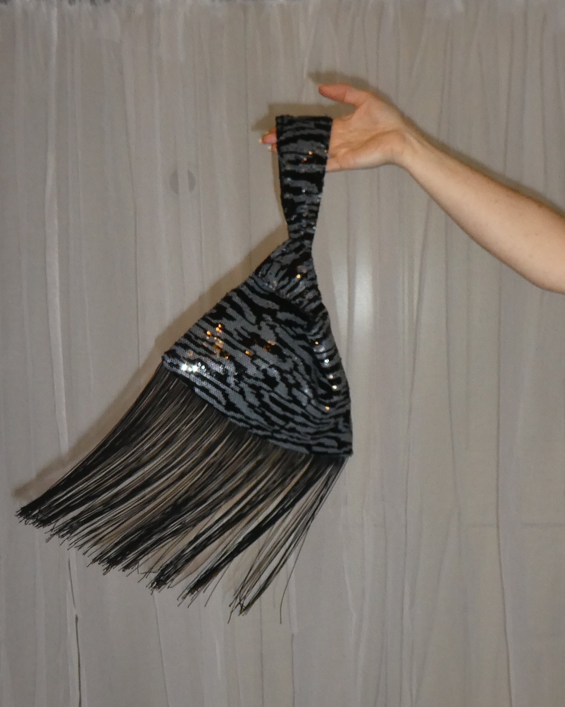 zebra sequin bag with fringe